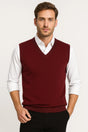 Men's sleeveless V-neck sweater vest with ribbed trims layered over a white shirt