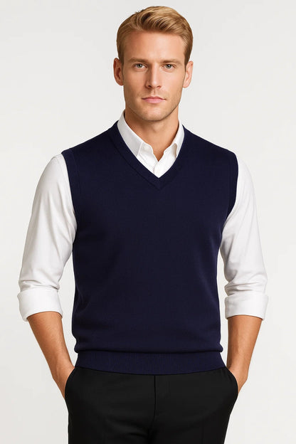 Men's sleeveless V-neck sweater vest with ribbed trims layered over a white shirt