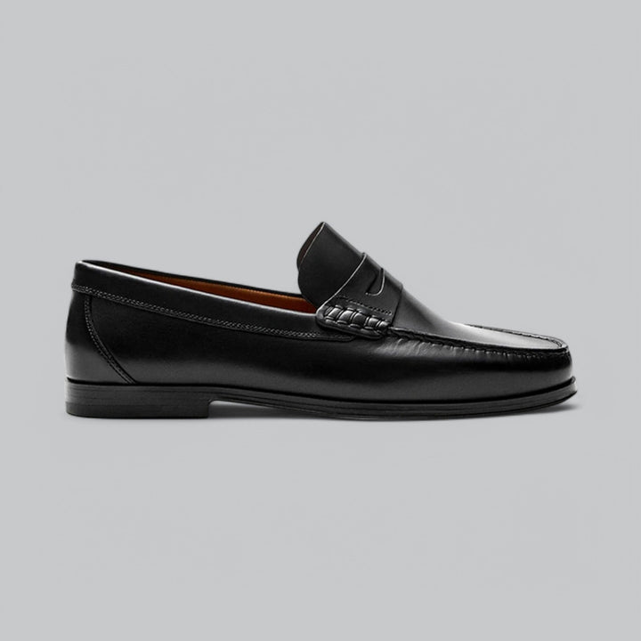 Men's penny loafers shown in black and dark brown