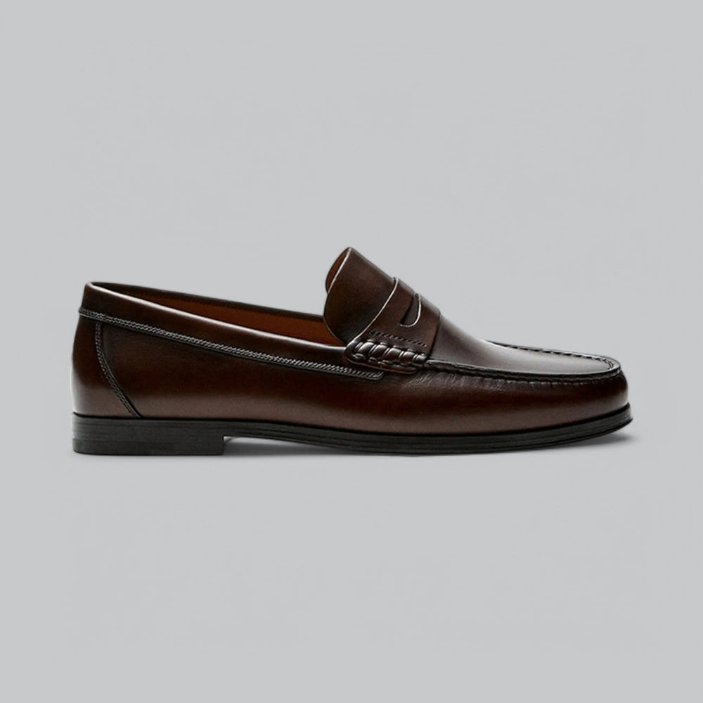 Men's penny loafers shown in black and dark brown