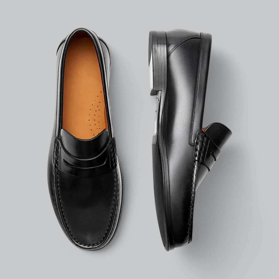 Men's penny loafers shown in black and dark brown