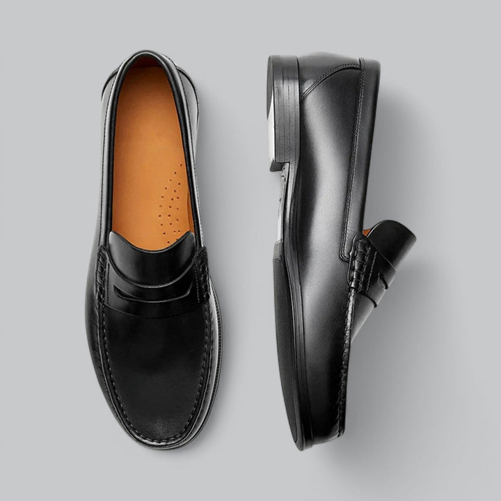 Men's penny loafers shown in black and dark brown