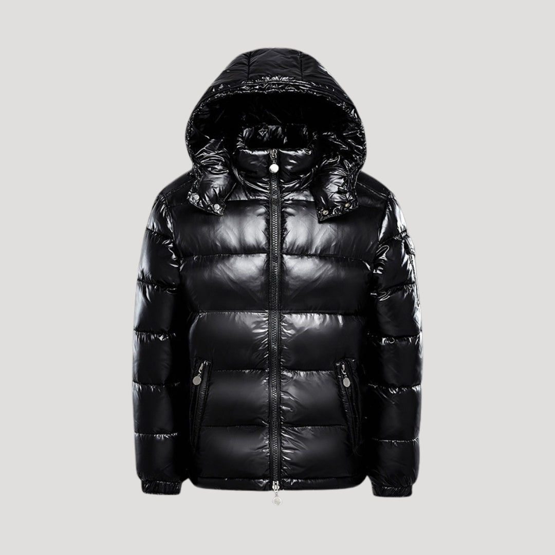 Men's quilted hooded puffer jacket with zip front and pockets
