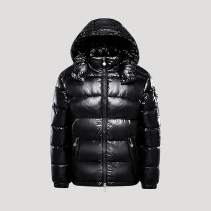 Men's quilted hooded puffer jacket with zip front and pockets