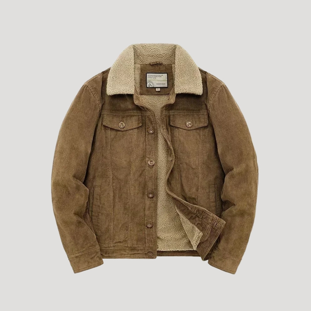 Men's textured jacket with shearling-style collar, button front and flap chest pockets