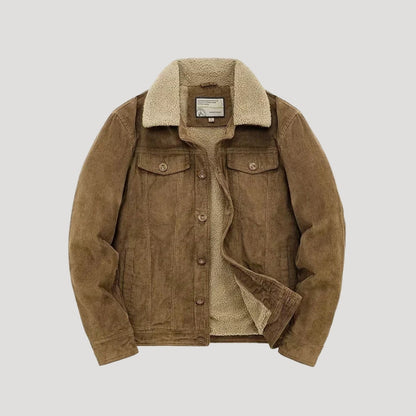 Men's textured jacket with shearling-style collar, button front and flap chest pockets