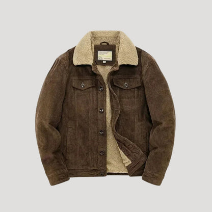 Men's textured jacket with shearling-style collar, button front and flap chest pockets