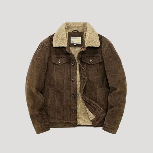Men's textured jacket with shearling-style collar, button front and flap chest pockets