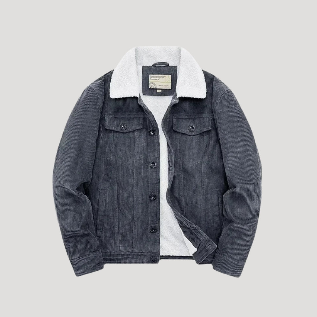 Men's textured jacket with shearling-style collar, button front and flap chest pockets