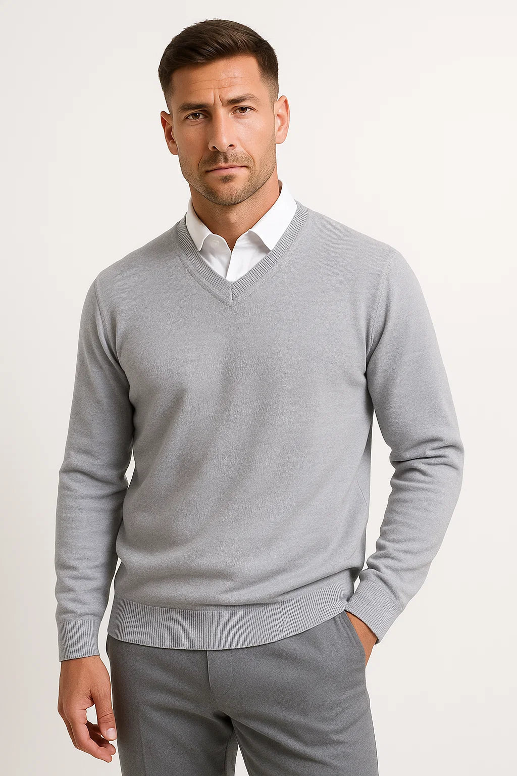 Men's plain V-neck sweater layered over a collared shirt