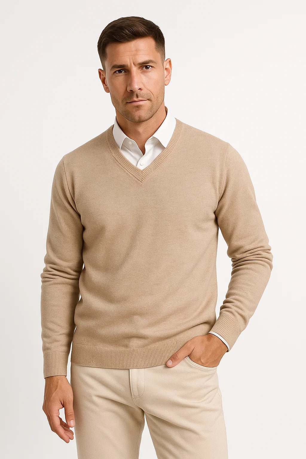 Men's plain V-neck sweater layered over a collared shirt