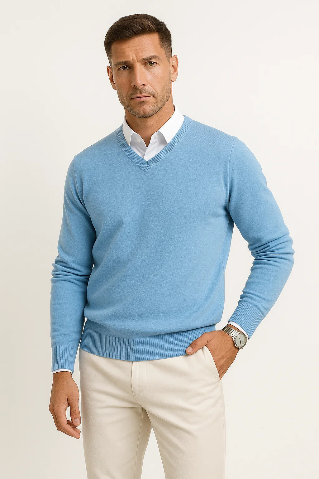 Men's plain V-neck sweater layered over a collared shirt