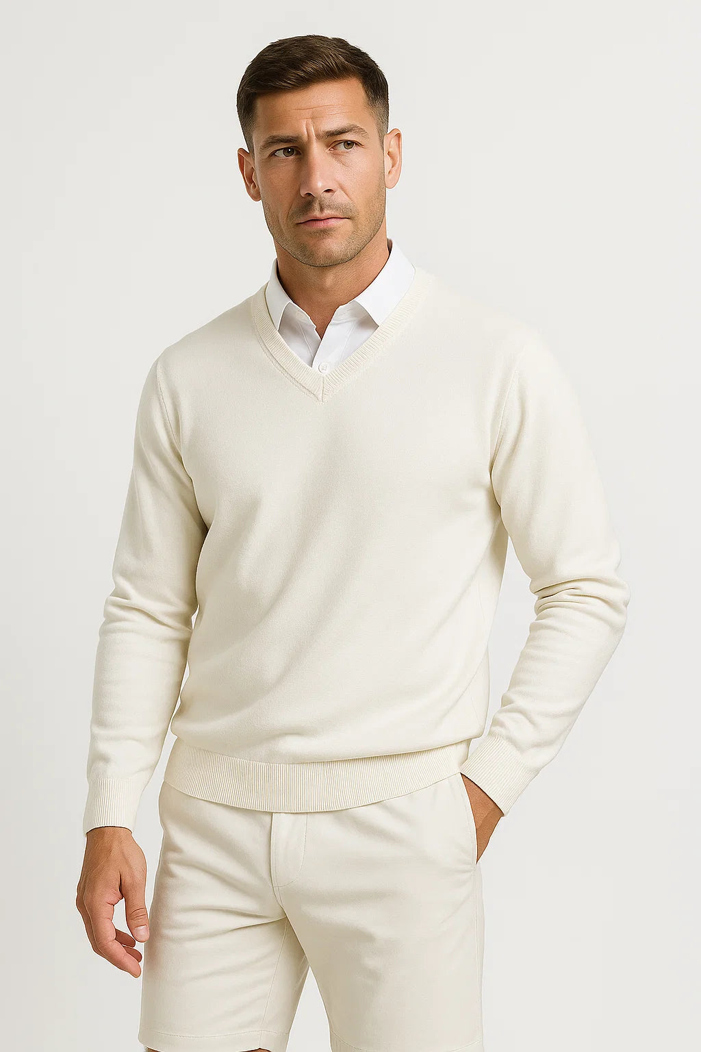 Men's plain V-neck sweater layered over a collared shirt