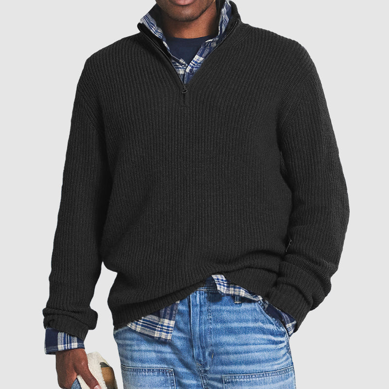Men's ribbed half-zip sweater with mock neck and long sleeves