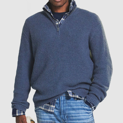 Men's ribbed half-zip sweater with mock neck and long sleeves