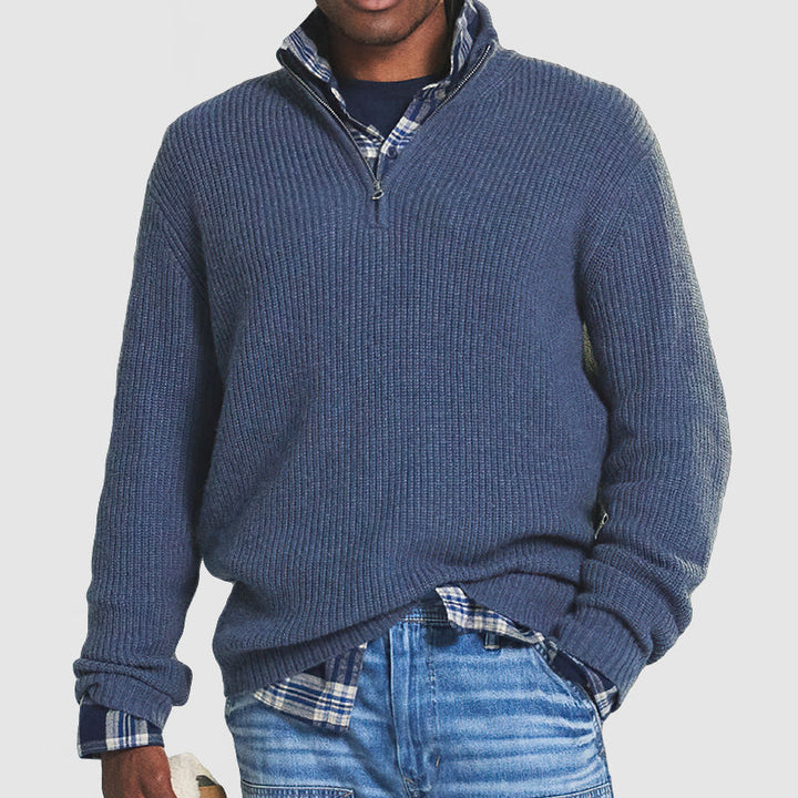 Men's ribbed half-zip sweater with mock neck and long sleeves