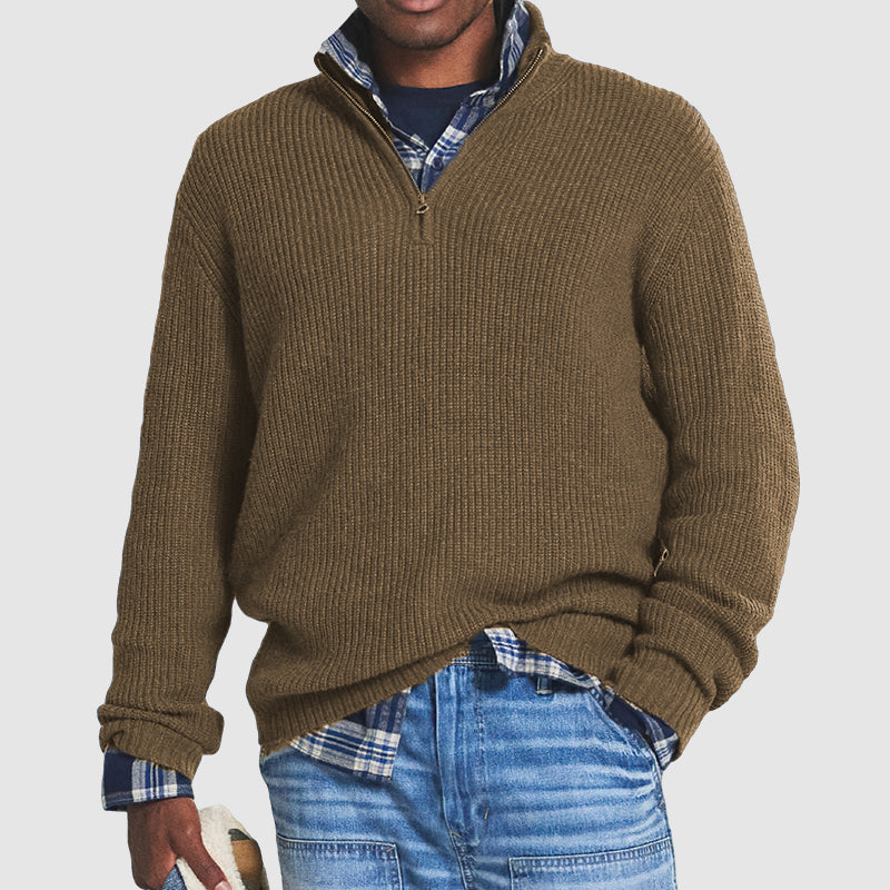 Men's ribbed half-zip sweater with mock neck and long sleeves