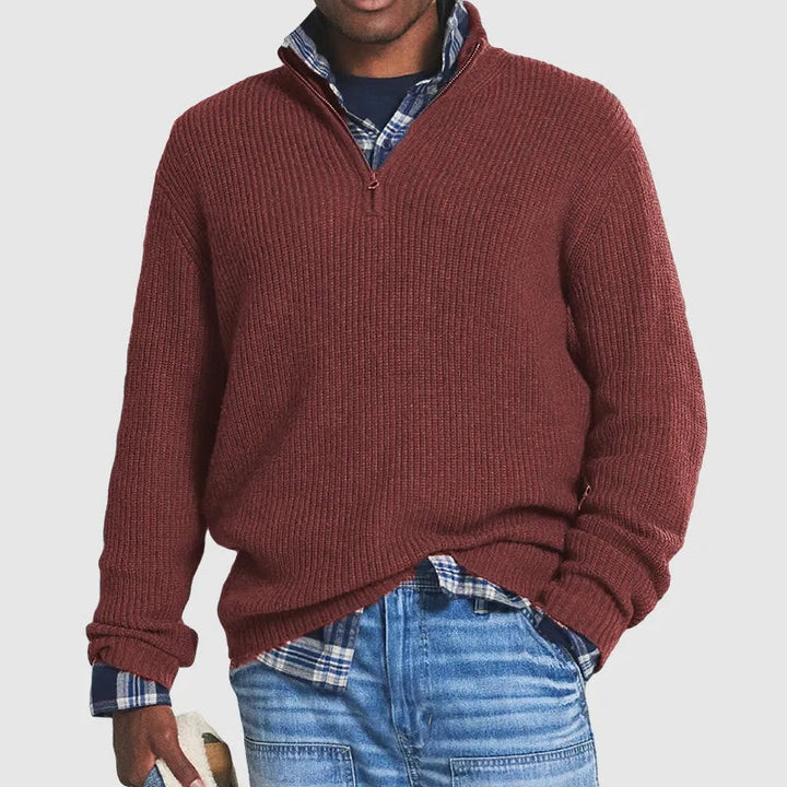 Men's ribbed half-zip sweater with mock neck and long sleeves