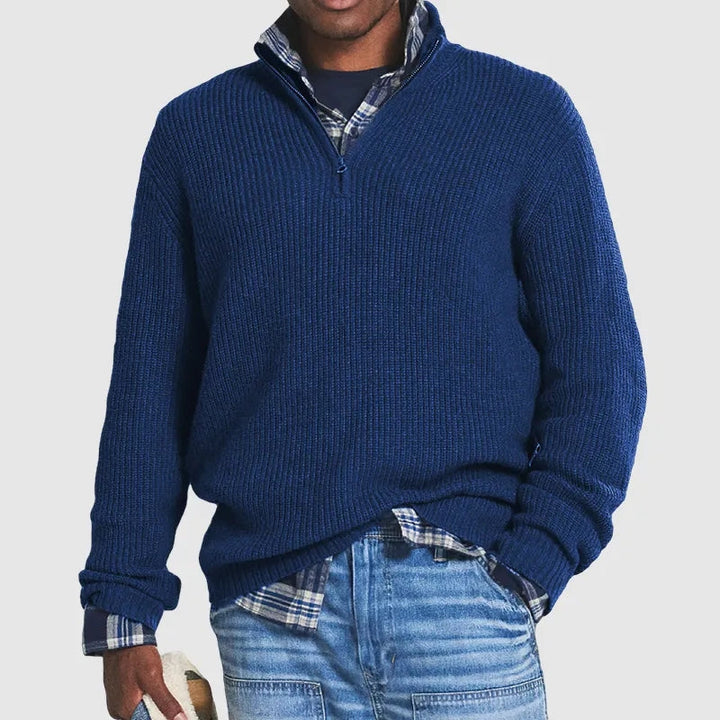 Men's ribbed half-zip sweater with mock neck and long sleeves