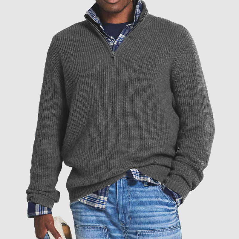 Men's ribbed half-zip sweater with mock neck and long sleeves
