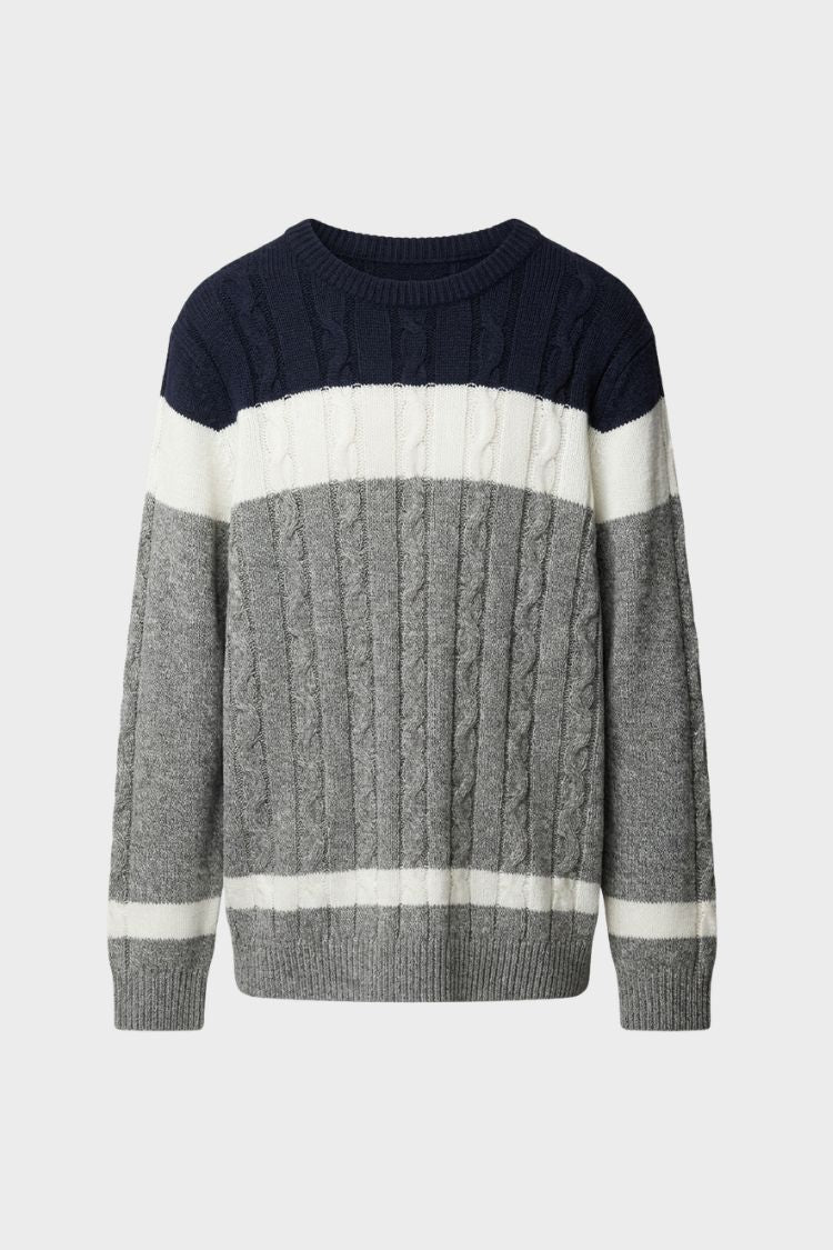 Men's cable knit colour block crew neck sweater in navy white and grey