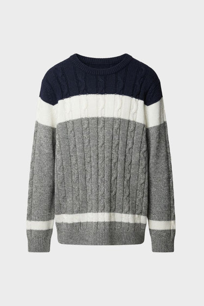 Men's cable knit colour block crew neck sweater in navy white and grey