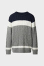 Men's cable knit colour block crew neck sweater in navy white and grey