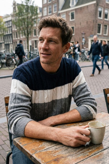 Men's cable knit colour block crew neck sweater in navy white and grey