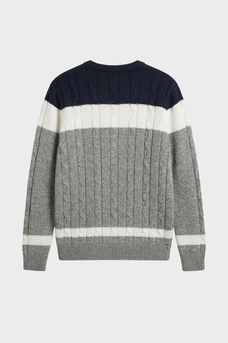 Men's cable knit colour block crew neck sweater in navy white and grey