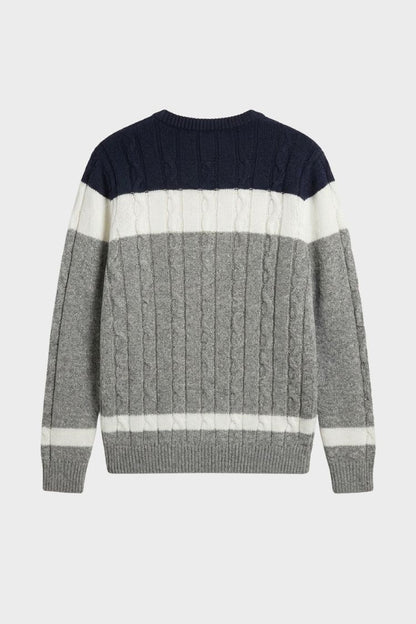 Men's cable knit colour block crew neck sweater in navy white and grey