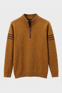 Men's stand collar sweater with half-zip front and contrast sleeve stripes