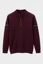 Men's stand collar sweater with half-zip front and contrast sleeve stripes