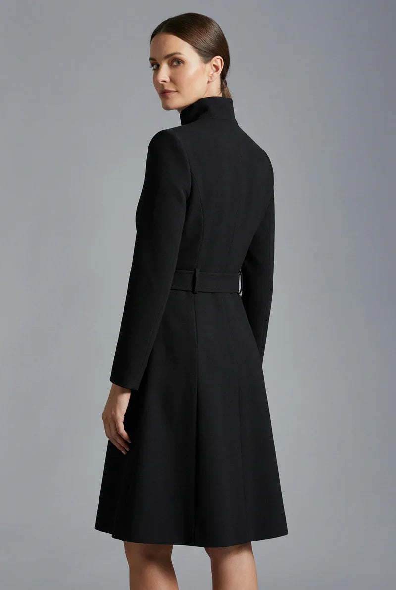 Women's black high neck midi dress with long sleeves and belted waist
