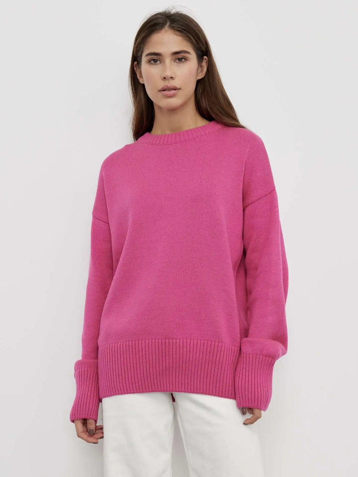 Women's plain crew neck sweater with long sleeves and ribbed trims