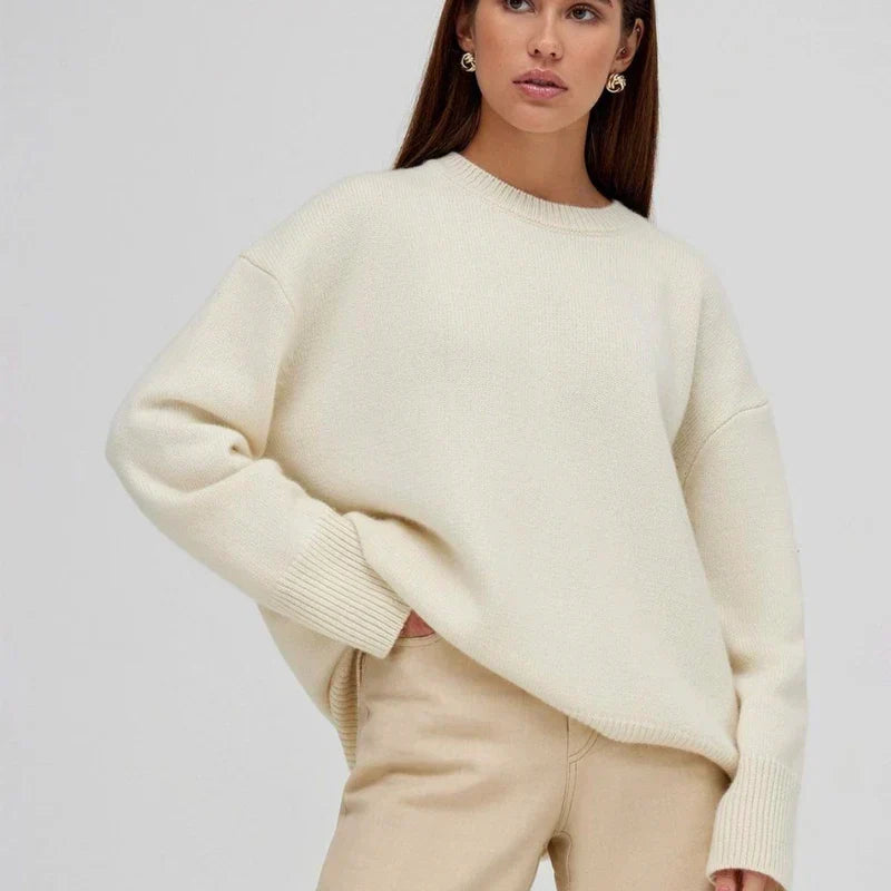 Women's plain crew neck sweater with long sleeves and ribbed trims
