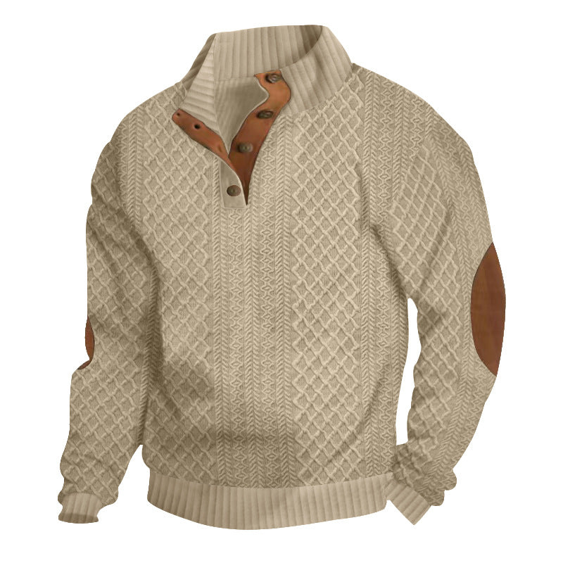 Men's textured knit pullover with mock neck, button placket and elbow patches