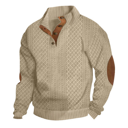 Men's textured knit pullover with mock neck, button placket and elbow patches