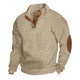 Men's textured knit pullover with mock neck, button placket and elbow patches