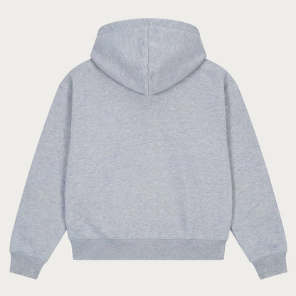 Gray pullover hoodie with hood, long sleeves and front kangaroo pocket