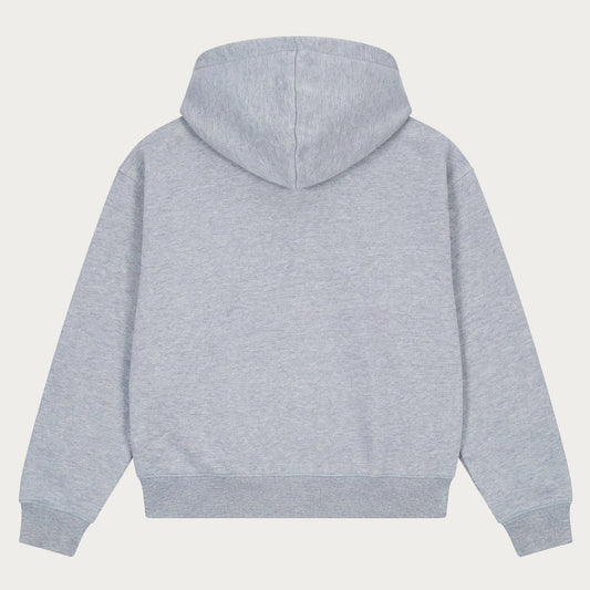 Gray pullover hoodie with hood, long sleeves and front kangaroo pocket