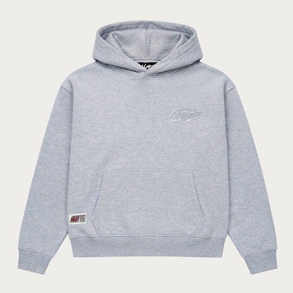 Gray pullover hoodie with hood, long sleeves and front kangaroo pocket
