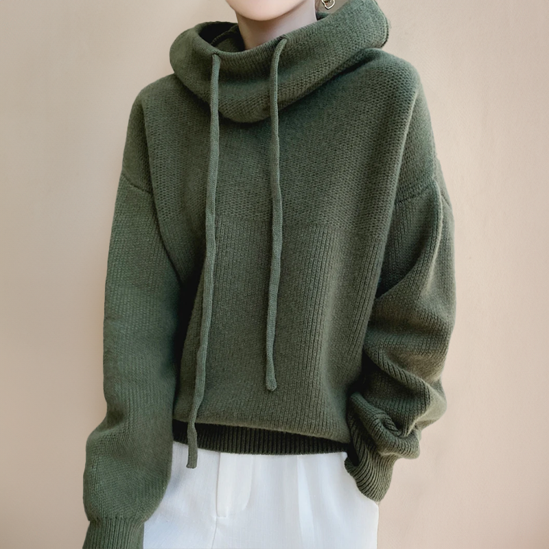 Women's knitted cowl neck hoodie with drawstrings and ribbed hem