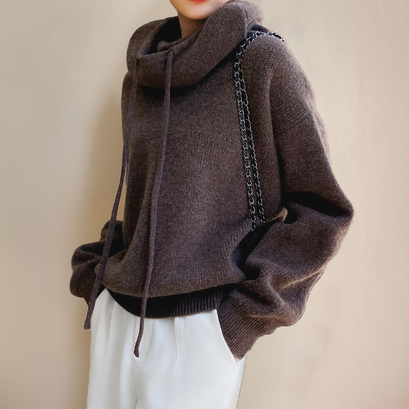 Women's knitted cowl neck hoodie with drawstrings and ribbed hem