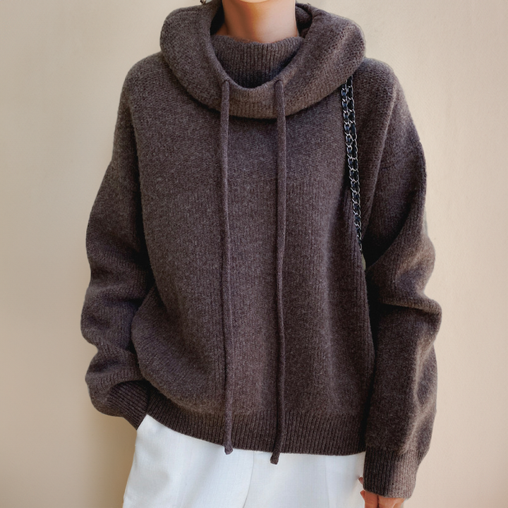 Women's knitted cowl neck hoodie with drawstrings and ribbed hem