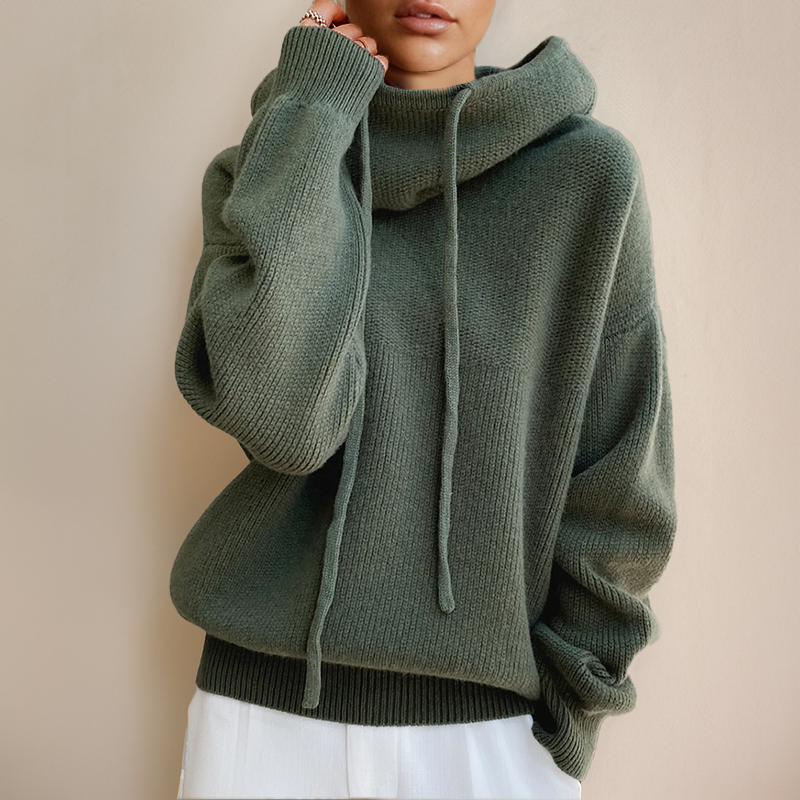 Women's knitted cowl neck hoodie with drawstrings and ribbed hem