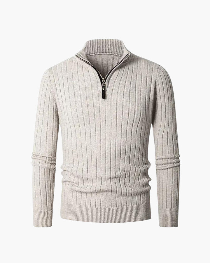 Ribbed high-collar half-zip sweater with long sleeves