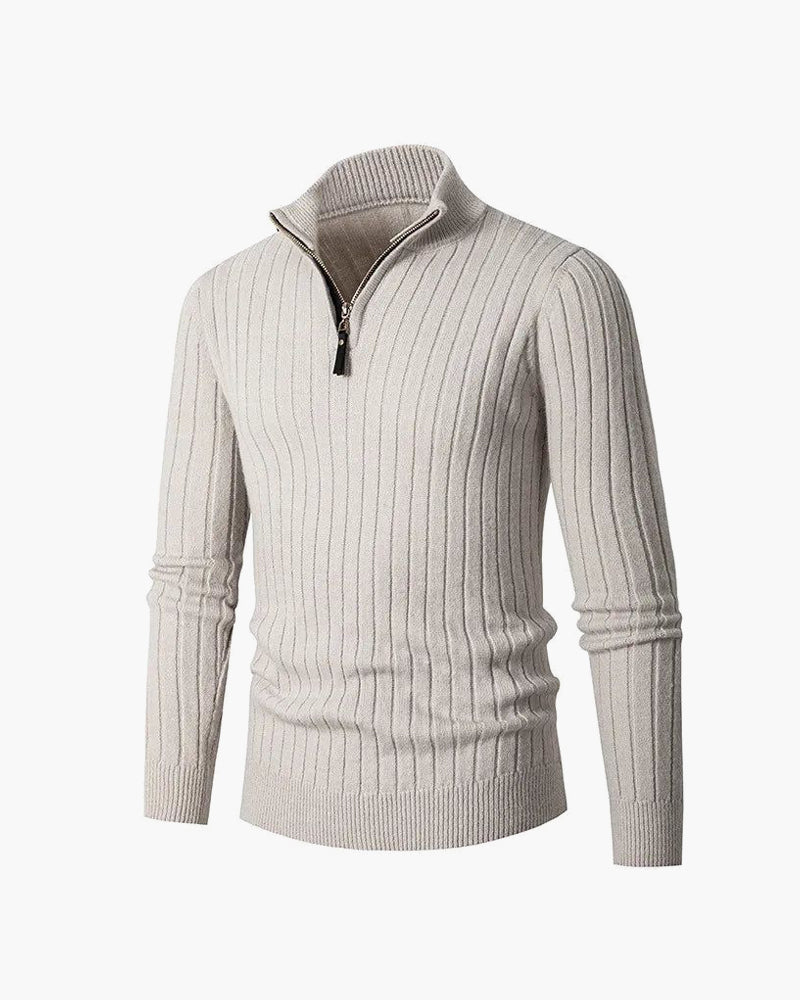 Ribbed high-collar half-zip sweater with long sleeves