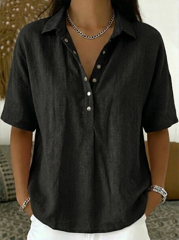 Women's button-up collar shirt in khaki with short sleeves