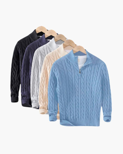 Men's five-pack cable knit quarter-zip sweaters in black, navy, gray, cream and blue