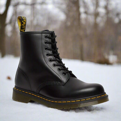 Men's lace-up combat boots with round toes, ankle shafts and ridged soles